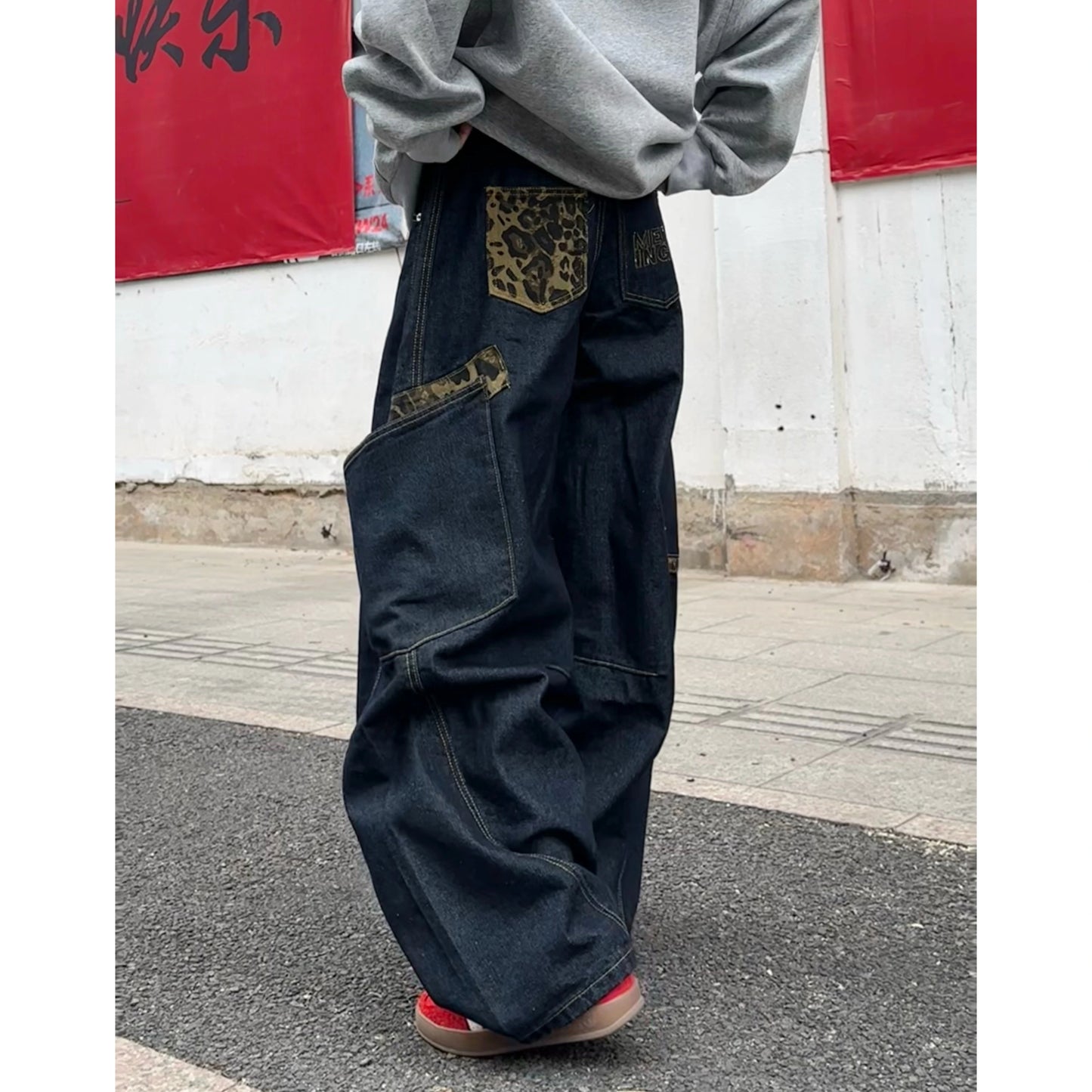 sd0017 ヒョウ柄ステッチワイドデニム