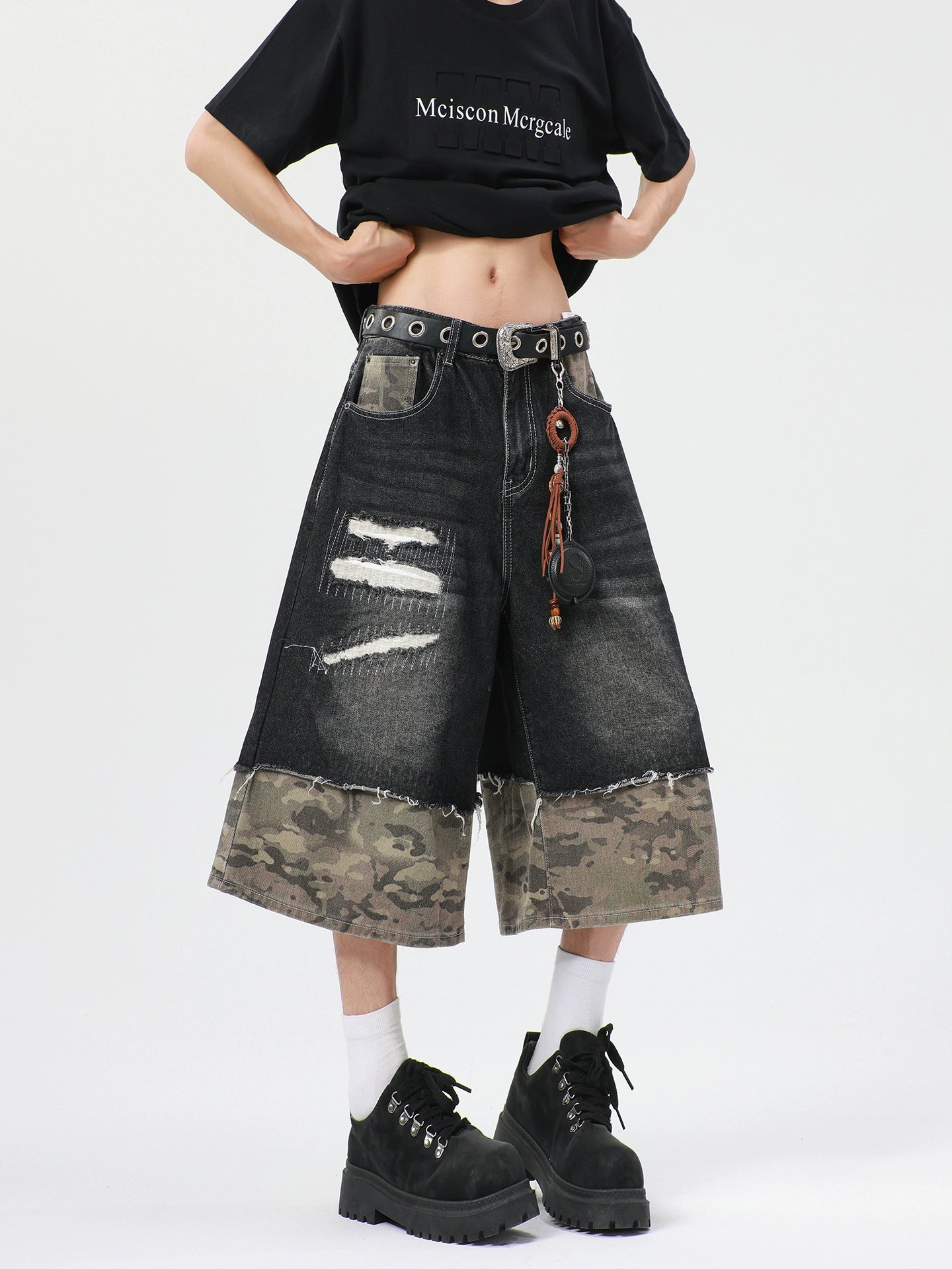 sd0005 迷彩パッチワークデニムショーツ