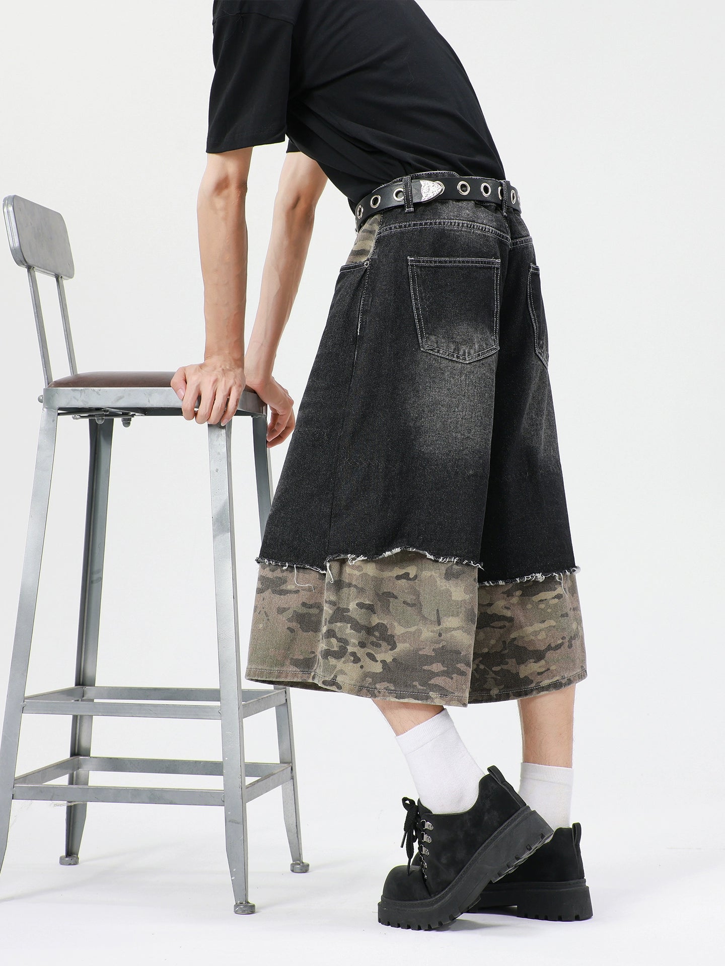 sd0005 迷彩パッチワークデニムショーツ