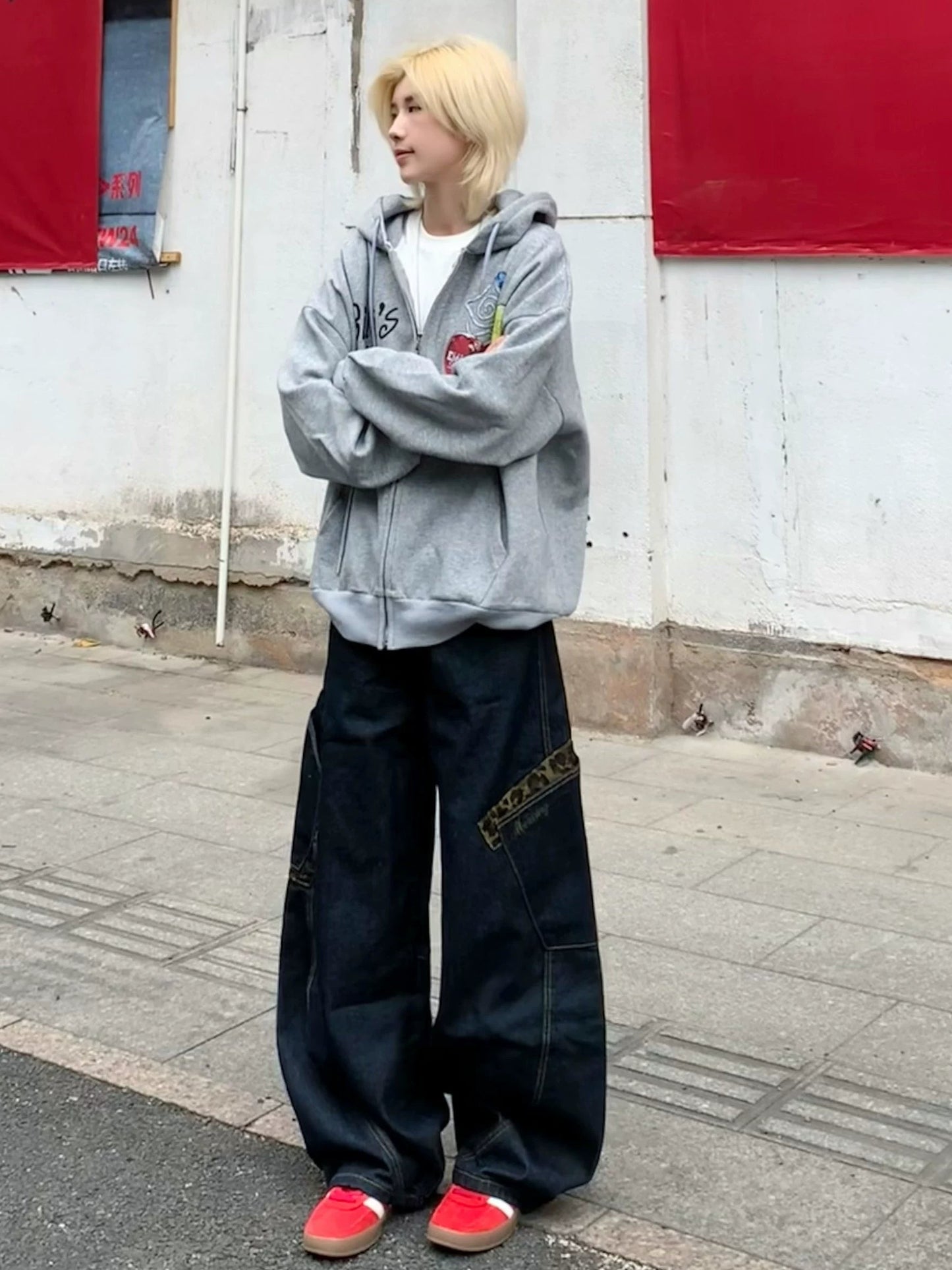 sd0017 ヒョウ柄ステッチワイドデニム