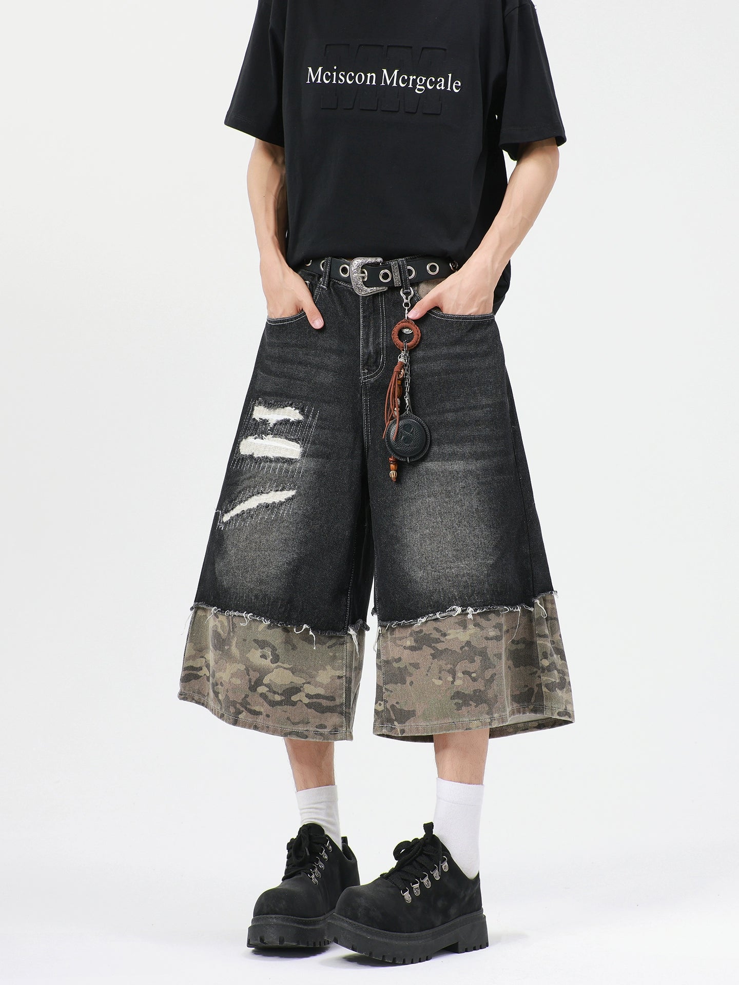 sd0005 迷彩パッチワークデニムショーツ