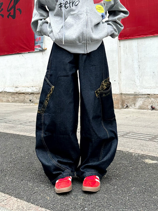 sd0017 ヒョウ柄ステッチワイドデニム